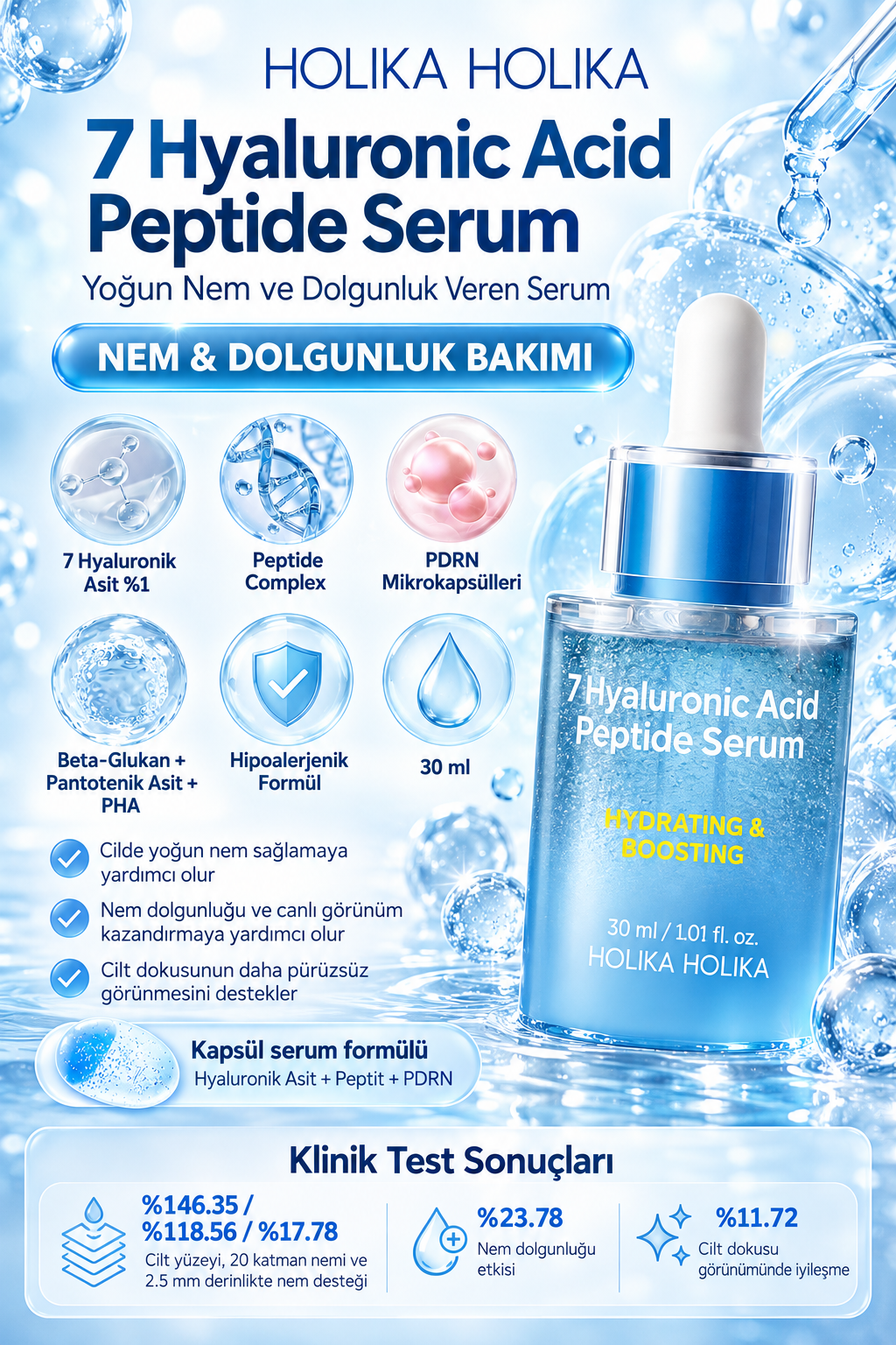 HOLIKA HOLIKA 7 Hyaluronic Acid Peptide Serum %1 Hyaluronik Asit ve Peptit İçeren Yoğun Nemlendirici Yüz Serumu 30 ml