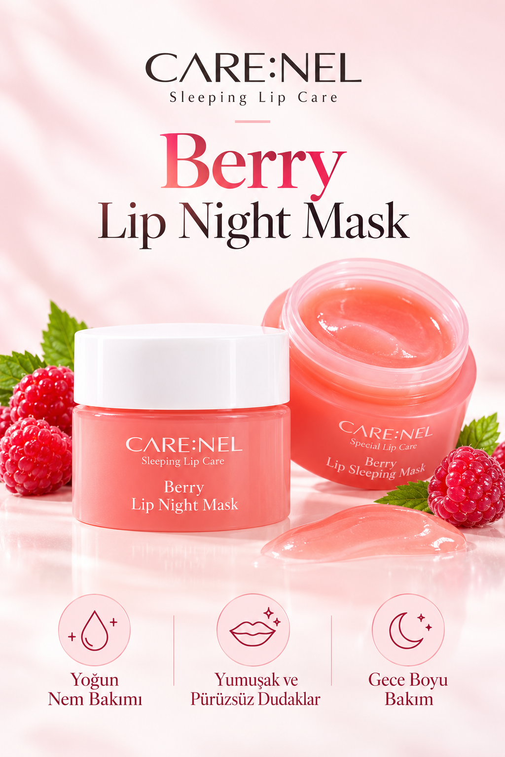 CARE:NEL Berry Lip Night Mask Yoğun Nemlendirici Gece Dudak Maskesi – Çatlak ve Kuru Dudak Bakımı 5g