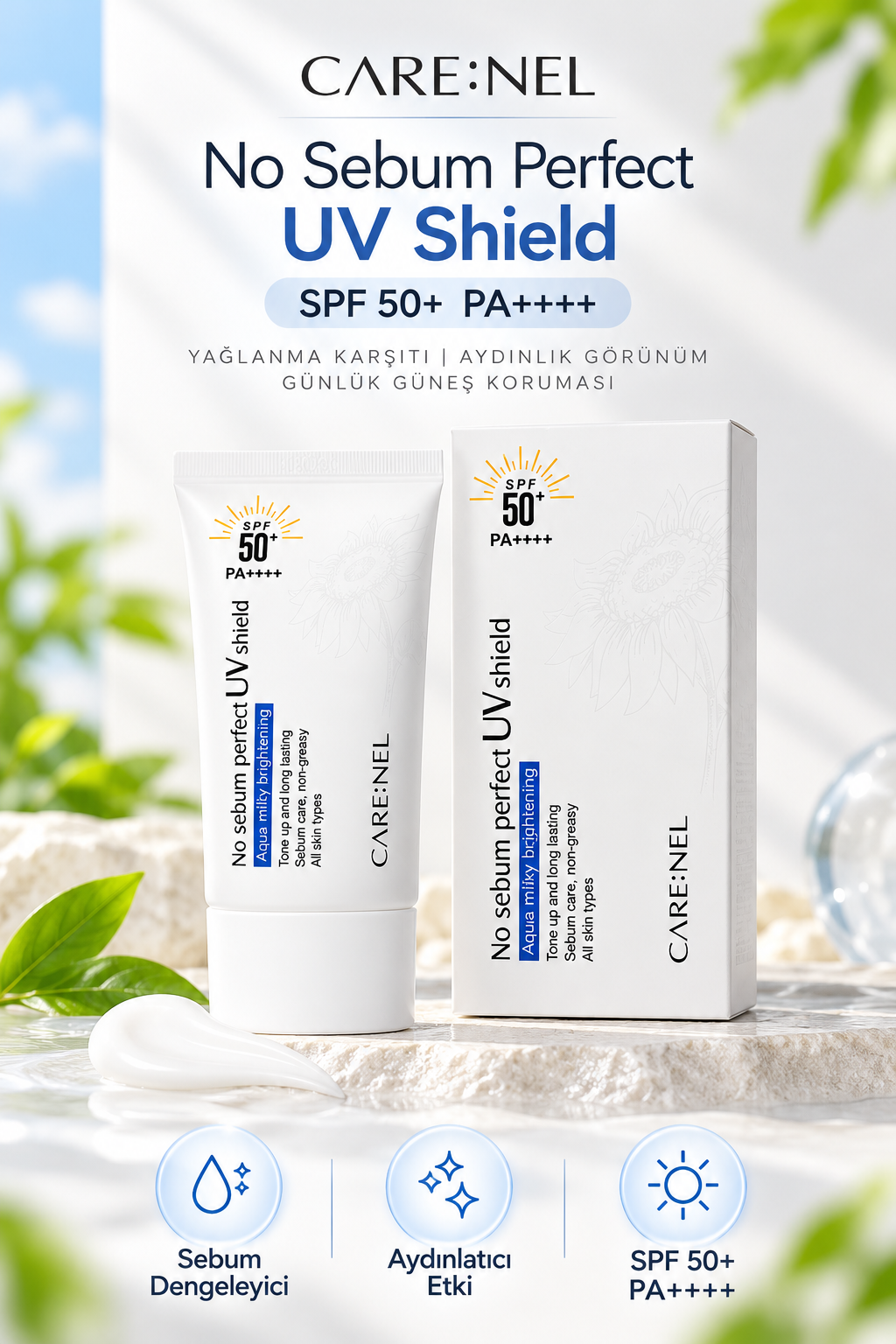 CARE:NEL No Sebum Perfect UV Shield SPF 50+ PA++++ Yağlanma Karşıtı, Sebum Dengeleyici, Cilt Tonu Eşitleyici ve Aydınlatıcı Güneş Kremi 50 ml