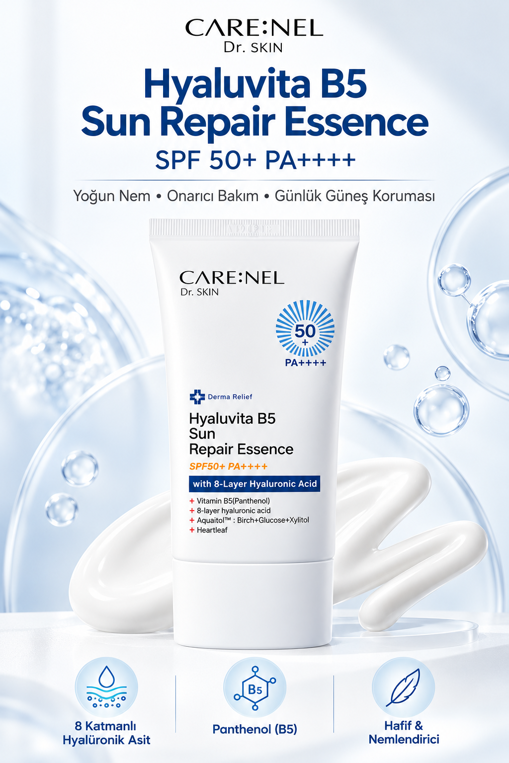 CARE:NEL Hyaluvita B5 Sun Repair Essence SPF 50+ PA++++ 8 Katmanlı Hyaluronik Asit ve Panthenol İçeren Yoğun Nemlendirici Güneş Kremi 50 ml