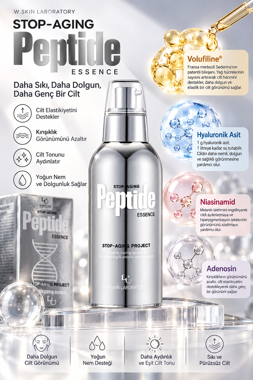 W.SKIN LABORATORY Stop-Aging Peptide Essence Peptit İçerikli Kırışıklık Karşıtı, Sıkılaştırıcı, Cilt Elastikiyetini Destekleyici ve Aydınlatıcı Yüz Serumu 100ml