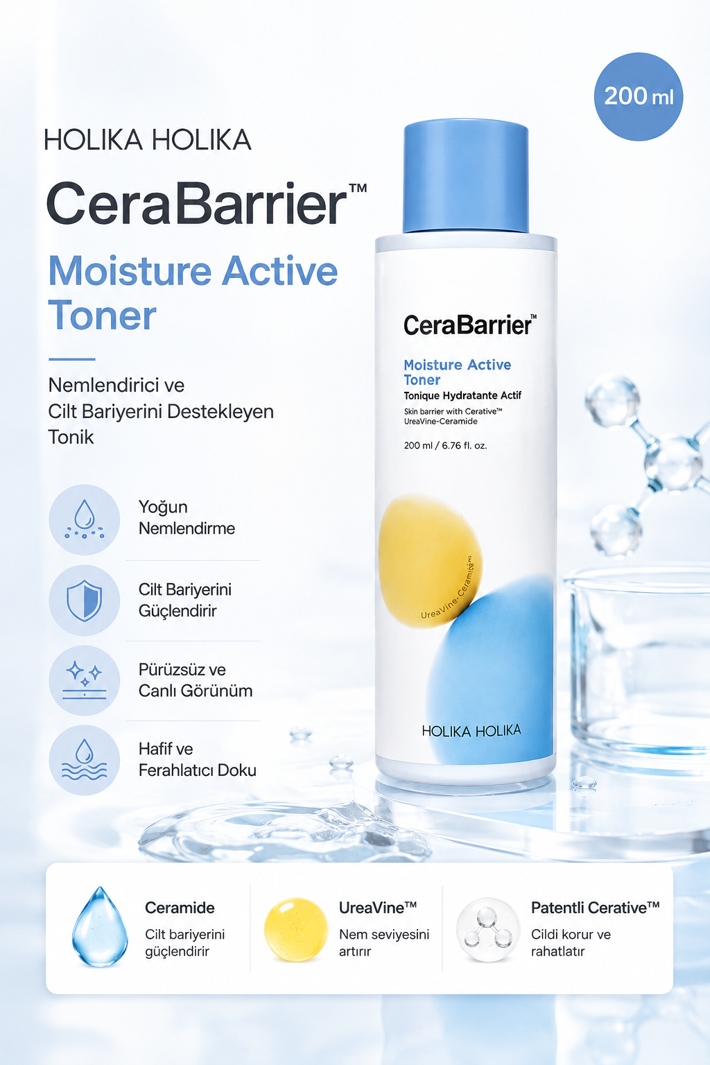 Holika Holika Cerabarrier Moisture Active Toner - Seramidli Yoğun Nemlendirici ve Cilt Bariyeri Güçlendirici Tonik 200ml