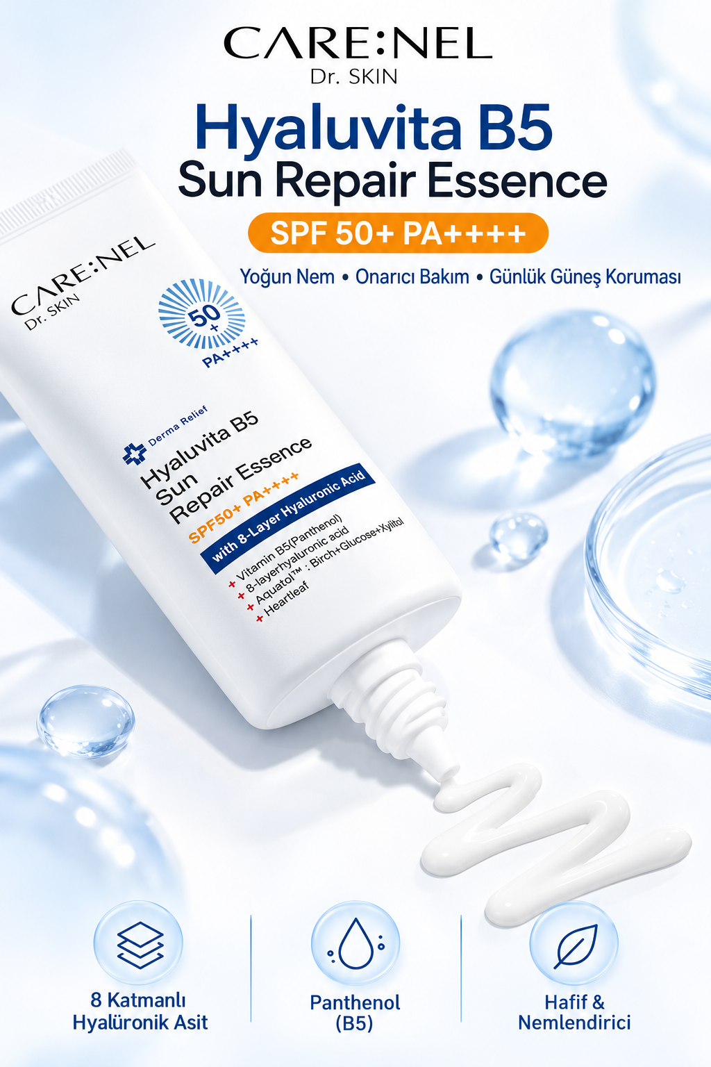 CARE:NEL Hyaluvita B5 Sun Repair Essence SPF 50+ PA++++ 8 Katmanlı Hyaluronik Asit ve Panthenol İçeren Yoğun Nemlendirici Güneş Kremi 50 ml