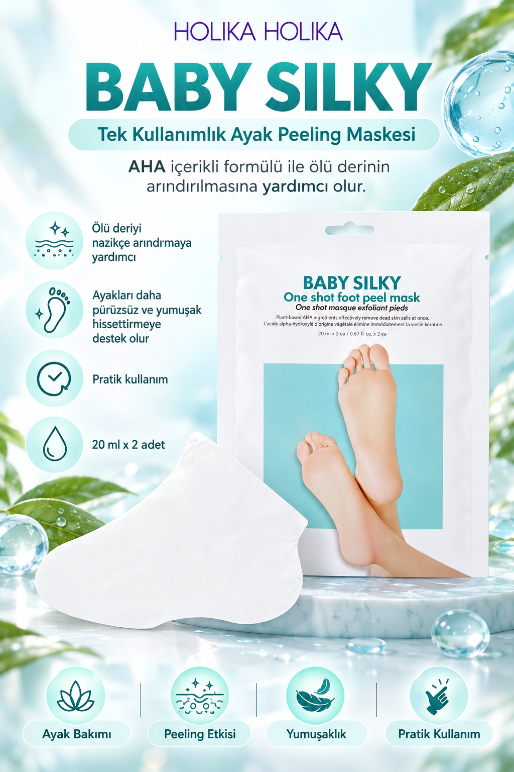 Holika Holika Baby Silky AHA İçeren Ölü Deri Arındırıcı, Soyulma Etkili Ayak Peeling Maskesi 2 x 20 ml