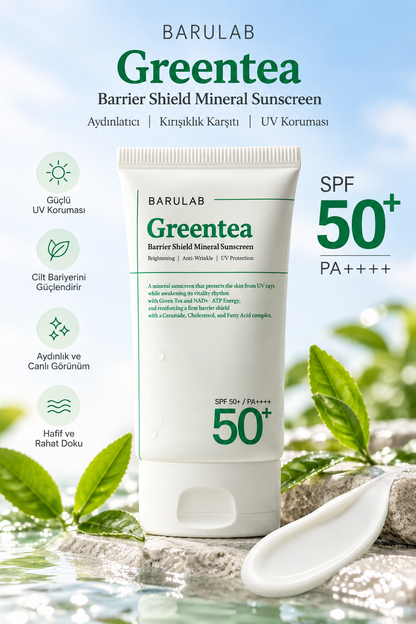 BARULAB Greentea SPF 50+ PA++++ Mineral Filtreli Güneş Kremi 60 ml – Yeşil Çay ve Seramid İçeren, Cilt Bariyerini Güçlendirmeye Yardımcı