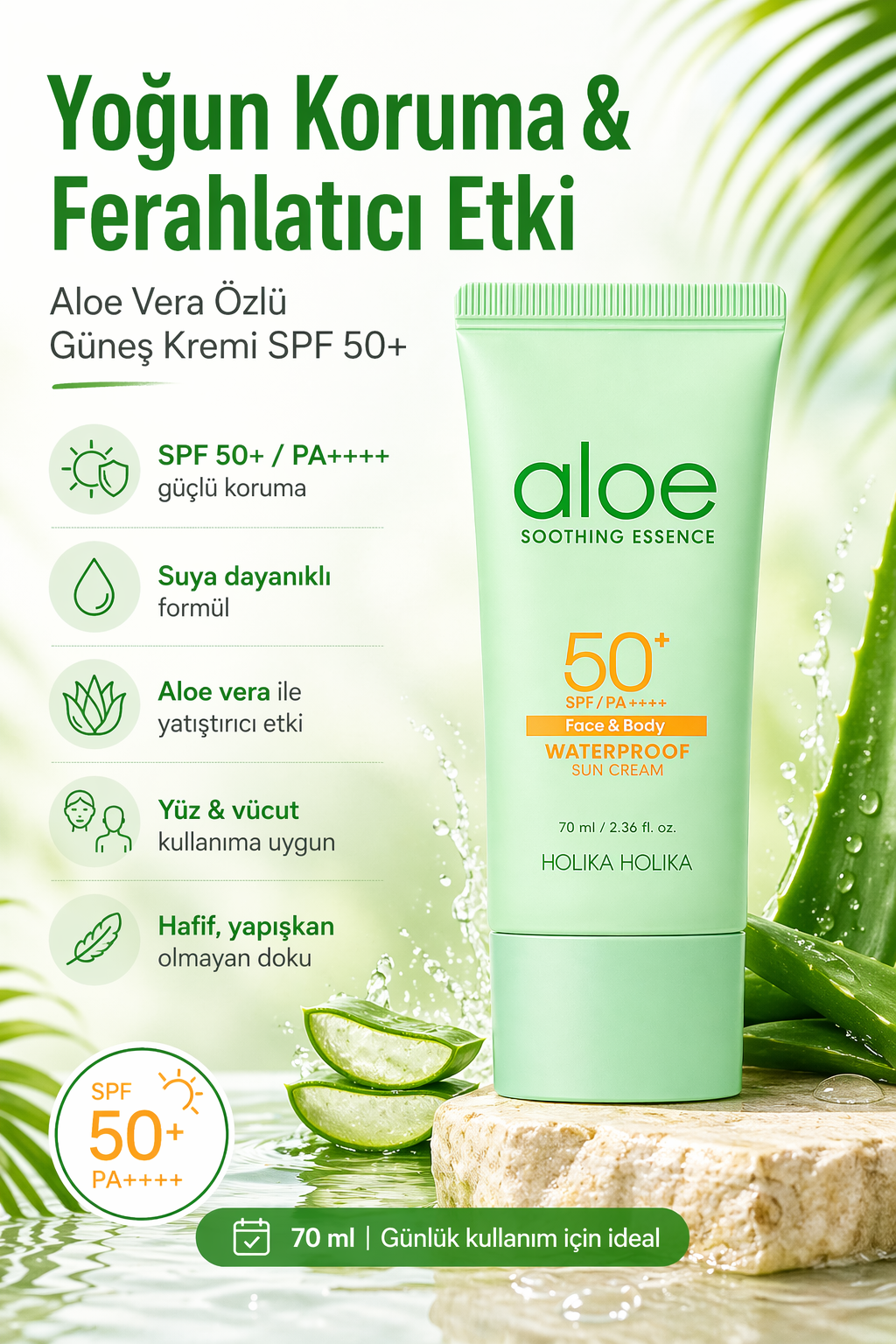 Holika Holika - Aloe Soothing Essence Waterproof Sun Cream SPF50+ - Aloe Yatıştırıcı Özlü Güneş Kremi 70ml