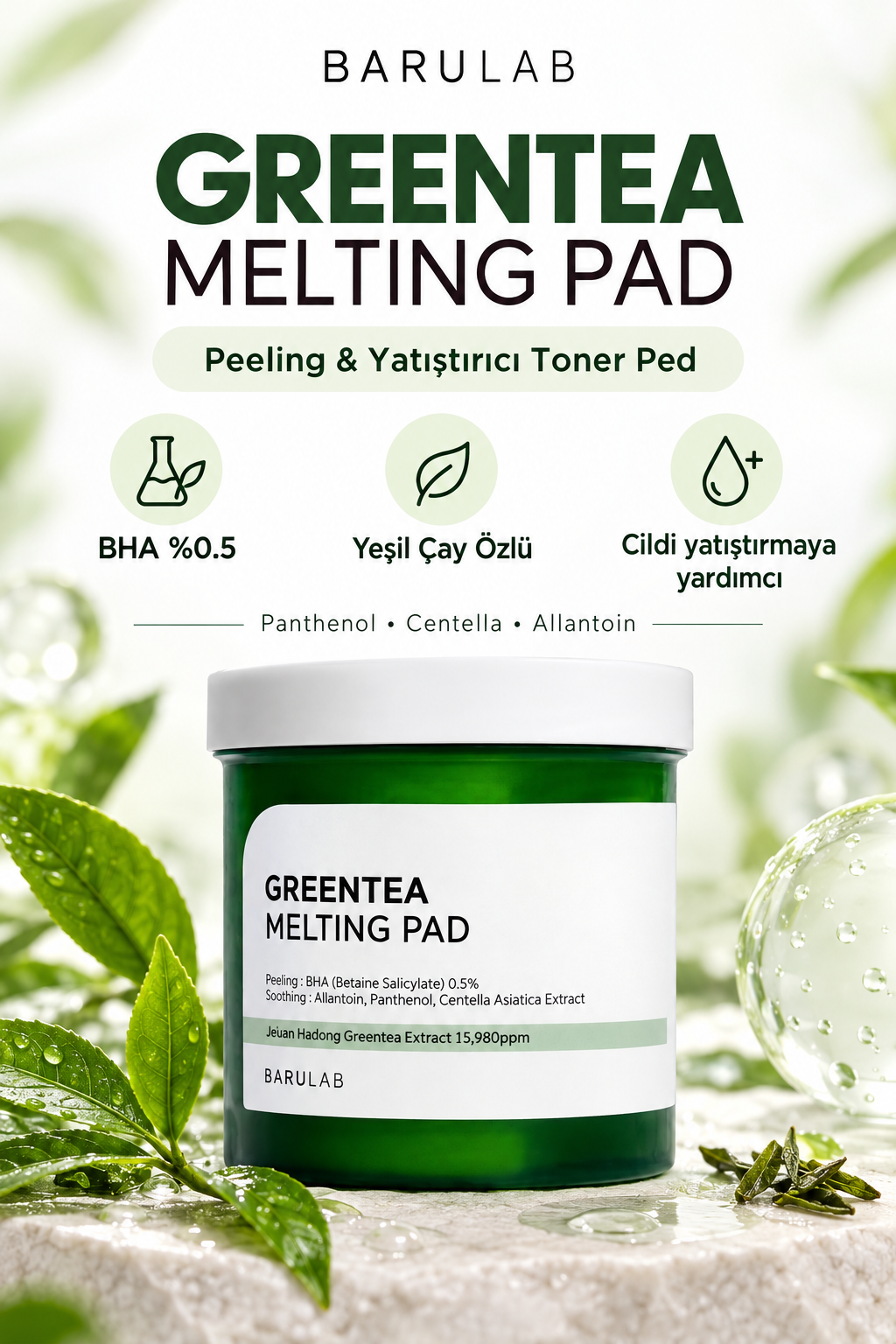 Barulab Greentea Melting Pad %0.5 BHA İçeren Yeşil Çay Özlü Peeling ve Yatıştırıcı Tonik Ped 150 Adet