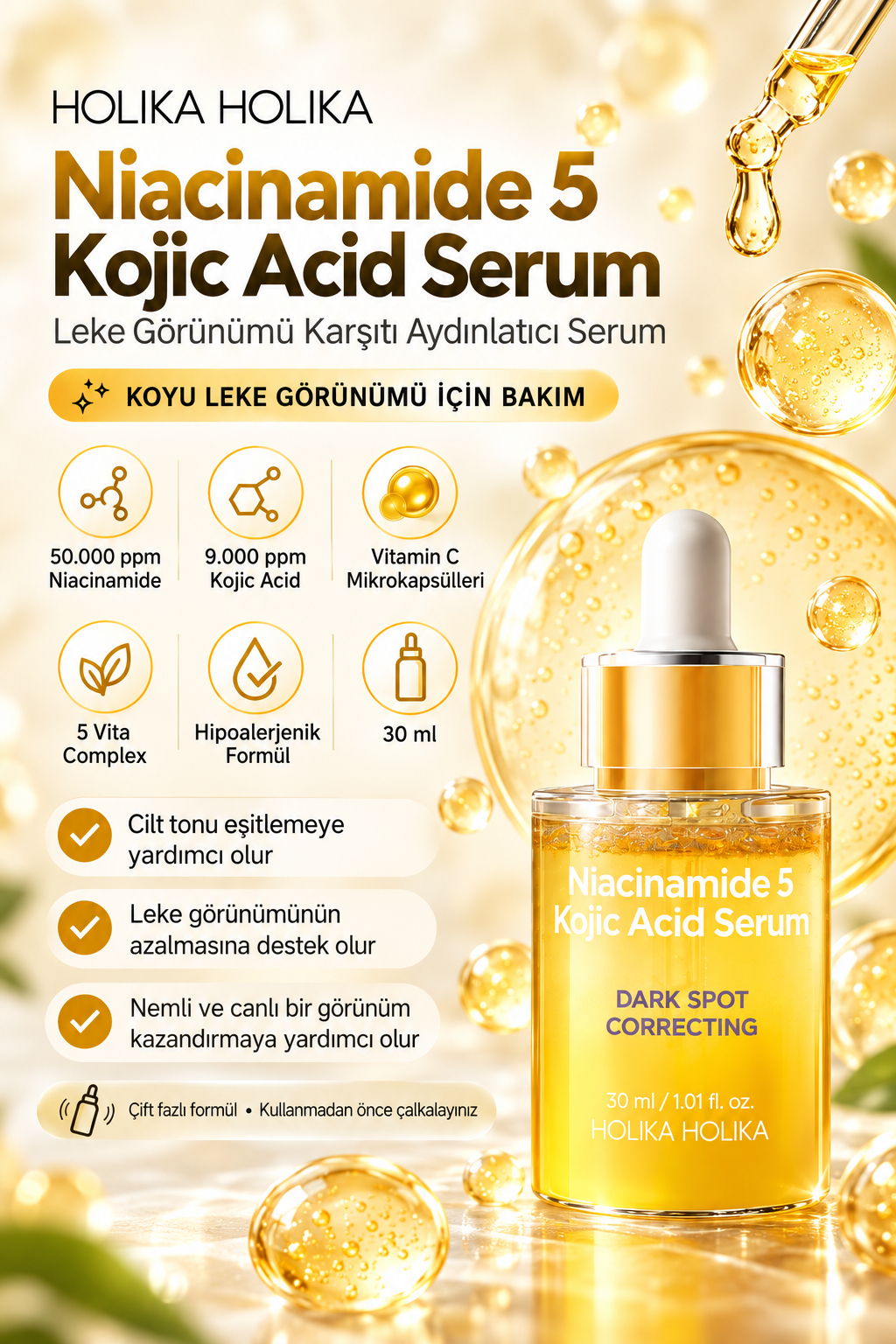 HOLIKA HOLIKA Niacinamide 5 Kojic Acid Serum %5 Niasinamid ve Kojik Asit İçeren Leke Karşıtı Aydınlatıcı Yüz Serumu 30 ml
