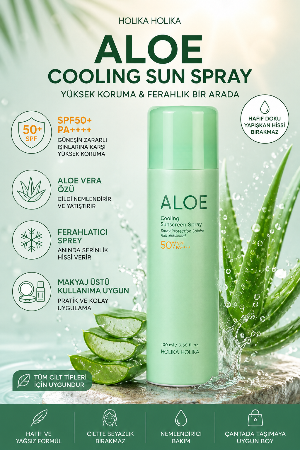Holika Holika Aloe Ice Cooling Sun Spray SPF50+ PA++++ - Aloe Veralı Ferahlatıcı Güneş Koruyucu Sprey 100ml