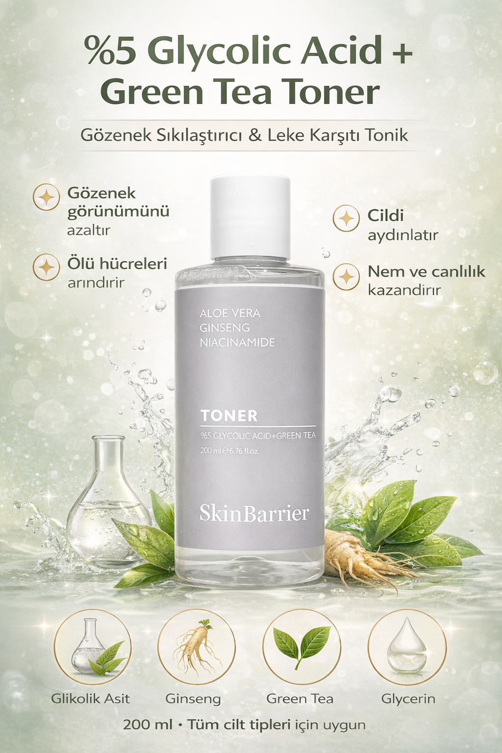 Skinbarrier %5 Glycolic + Greentea Toner - Gözenek Sıkılaştırıcı Leke Karşıtı Tonik 200ml