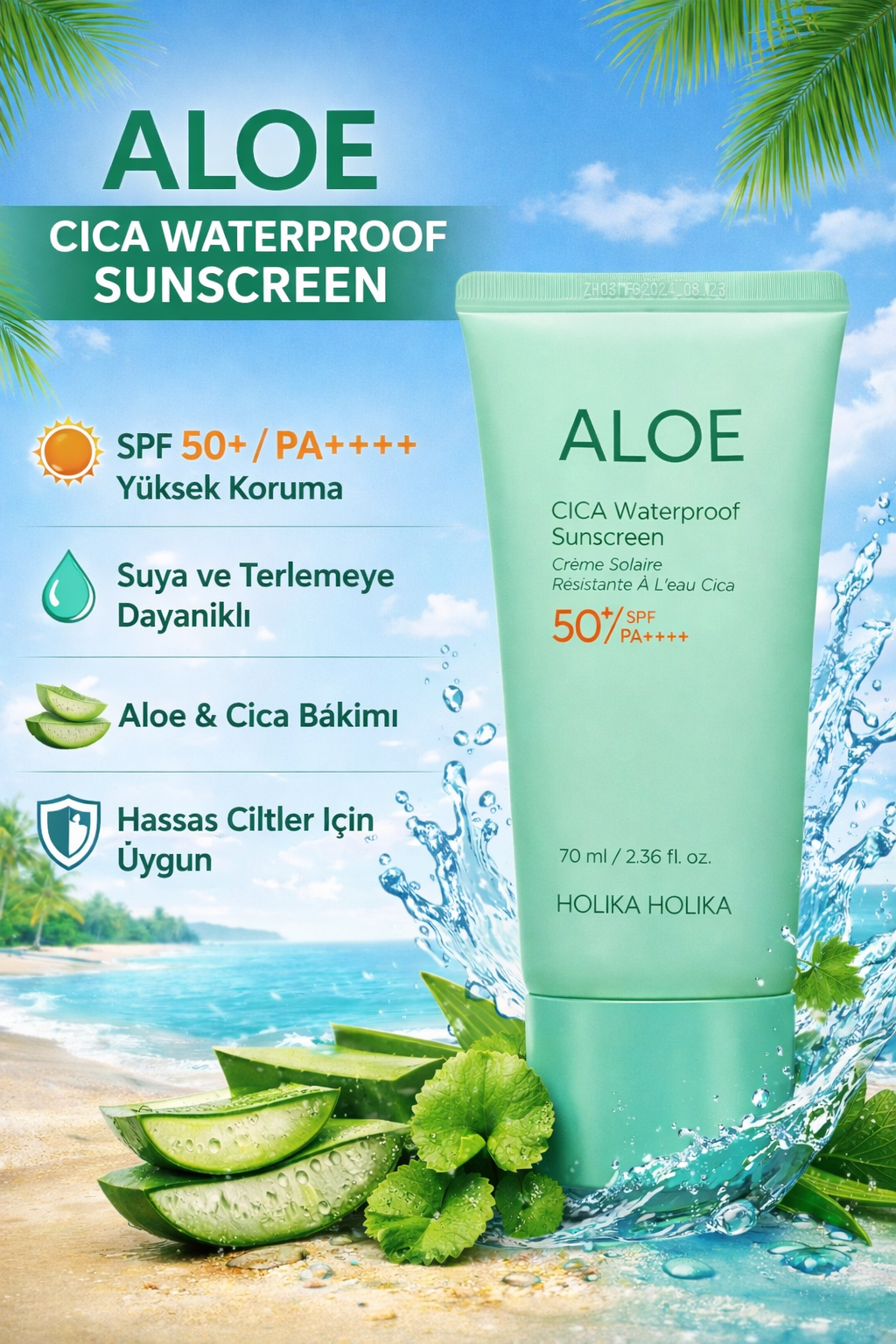 Holika Holika Aloe Cica Waterproof Sunscreen SPF50+ ( Hassas Ciltler İçin Suya Ve Tere Dayanıklı Güneş Kremi 70ml)