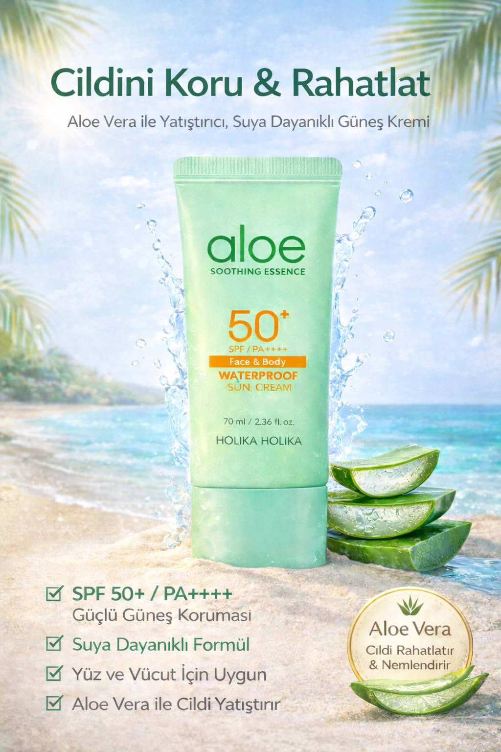 Holika Holika - Aloe Soothing Essence Waterproof Sun Cream SPF50+ - Aloe Yatıştırıcı Özlü Güneş Kremi 70ml